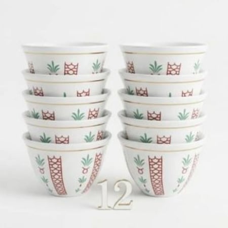 طقم فناجيل تقديم بورسلان بتصميم تراثي ونقوش السدو مكون من 12 قطعة للضي