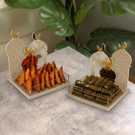 طقم صواني تقديم رمضانية (حبتين) بتصميم مساجد وهلال ذهبي