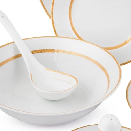 طقم عشاء بورسلان ابيض وذهبي فاخر 45 قطعة 6 اشخاص