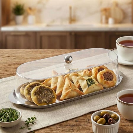 صحن تقديم مستطيل استيل فضي بغطاء أكريليك شفاف مقاس 33 سم يحتوي على م