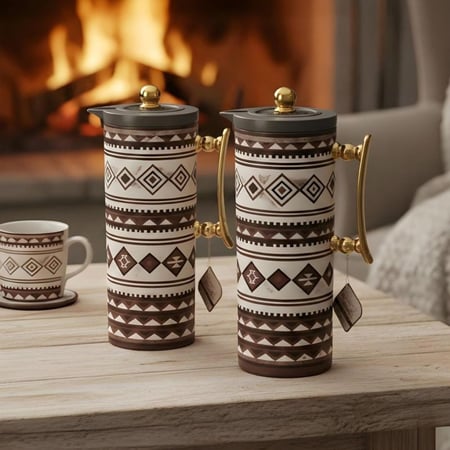 طقم ترامس ضيافة للقهوة والشاي قطعتين بنقشة سدو تراثية لون بني وأبيض مع