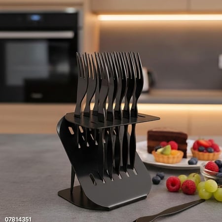 طقم شوك حلى وفواكه معدنية لون اسود مع حامل (13 قطعة - فضي)