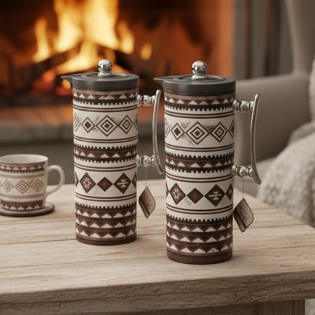 طقم ترامس قهوة وشاي لون بيج وبني بنقشة السدو التراثية ومقابض فضية