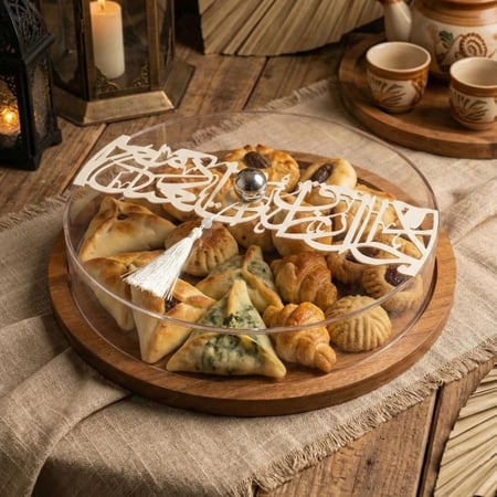 صحن تقديم رمضاني بغطاء اكريليك وقاعدة خشبية