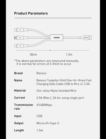 سلك بيسوس 3 في 1  بطول  1.5 متر  شحن سريع بثلاث مخارج مختلفة - نايلون