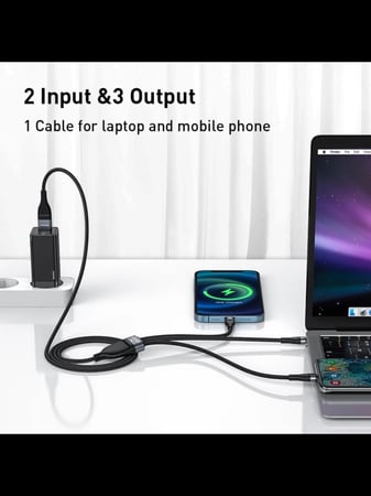 سلك بيسوس 3 في 1  بطول 1.2 متر  يدعم 100 واط بثلاث مخارج مختلفة - نايلون