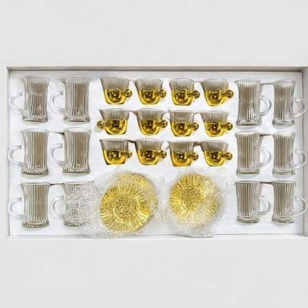 طقم فناجين وبيالات مخطط بقاعدة ذهبي وصحون معدنية ٣٦ قطعة