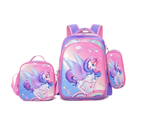 girls  school bag set with 3D cartoon images-unicorn