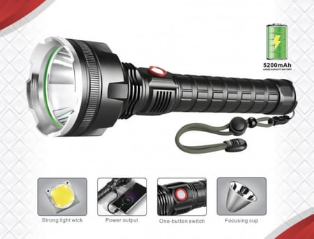 كشاف شحن فائق القوة بطارية 5200 مع 4 أوضاع إضاءة -ألمونيوم أسود