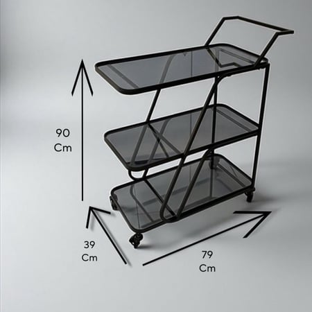 عربة تقديم بثلاث أرفف من زجاج وبإطار حديد أسود انيق
