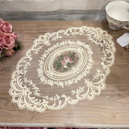 مفرش دانتيل بيج | Oval Lace Beige 70x45 cm