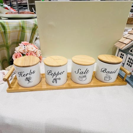 طقم اربع علب بهارات مع ستاند خشبي 260 مل| | Ceramic Canister Sets for Kitchen Counter, Herb Pepper Salt Basil Canister Set