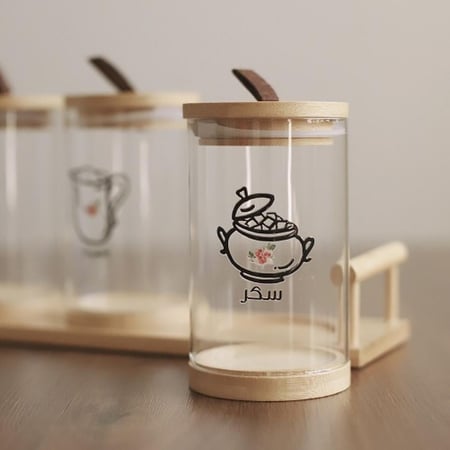 طقم ثلاث حافظات زجاج سعة 500 مل  مع ستاند خشبي | Set of 3 clear glas Jar