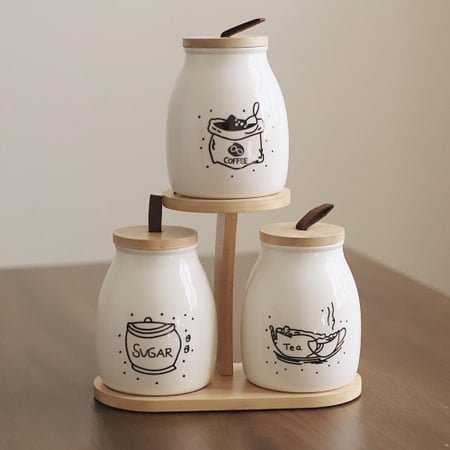 طقم حافظات سيراميك مع ستاند واغطية من الخشب | Ceramic Canister Sets for Kitchen Counter, Coffee Sugar Tea Canister Set