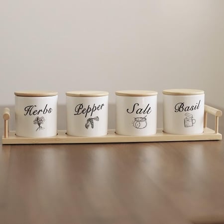 طقم اربع علب بهارات مع ستاند خشبي 260 مل| | Ceramic Canister Sets for Kitchen Counter, Herb Pepper Salt Basil Canister Set