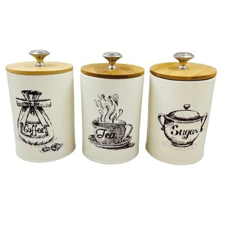 Metal Canister Set of  3 Sugar Coffee Tea with Lids | طقم ثلاث علب معدنية