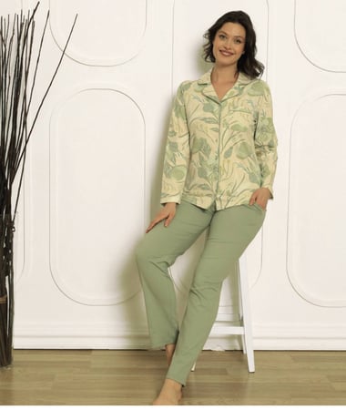 بجامه نسائي بيج واخضر مشجر