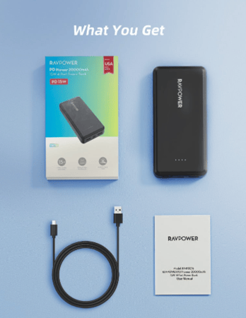 بطارية راف باور بايونير 20000 ملي امبير بقوة 15 واط بمنفذين USB ومنفذ تايب سي ومنفذ مايكرو