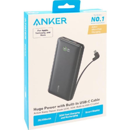 باور بانك أنكر نانو، 20000 مللي أمبير/ساعة، شحن سريع 30 واط، كابل USB-C مدمج، شاشة ذكية