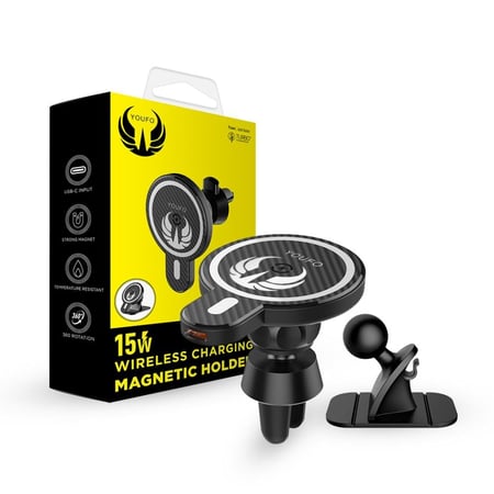يوفو -Y4817 حامل و مثبت جوال مغناطيسي مع شاحن لاسلكي MagSafe بقوة 15واط للسيارة