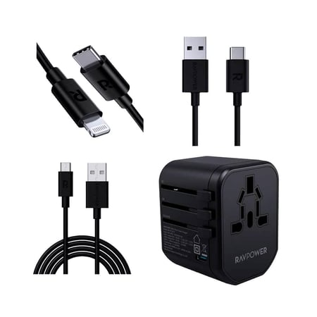 بكج راف باور 4 في 1 شاحن سفر بقوة 20 واط اسود مع كيبل تايب سي تو لايتنق + كيبل يو اس بي تو تايب سي + كيبل يو اس بي تو مايكرو