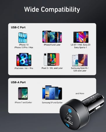 شاحن سيارة باوردرايف كلاسيك 30 واط بمنفذ USB ومنفذ تايب سي مع سلك شاحن 0.9 سم من USB-C الى لايتنينق - اسود