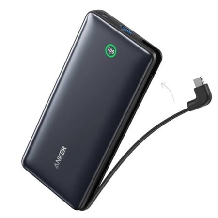 باور بانك أنكر نانو، 20000 مللي أمبير/ساعة، شحن سريع 30 واط، كابل USB-C مدمج، شاشة ذكية