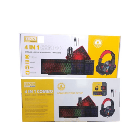 طقم DENX للألعاب 4 في 1 – لوحة مفاتيح بإضاءة RGB + فأرة دقيقة + سماعة رأس مريحة + لوحة ماوس احترافية