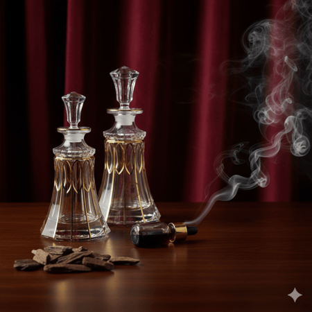 طقم زجاج عطور بحجمين (430مل-300مل) بشكل أنيق مخطط باللون الذهبي , يستخدم لوضع الزيوت العطرية والأدهان , وأيضا للعرض في المحلات التجارية والحفلات.  -المقاسات/  1-حجم 580مل: الأرتفاع (27سم) / الميل المناسب لها (25 سم).  2حجم 430مل: الأرتفاع (25س