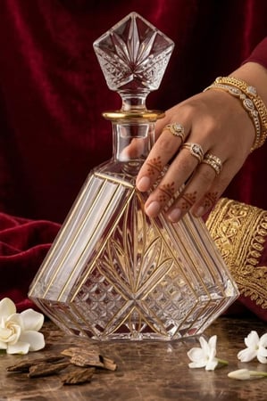 زجاجة عطور فاخرة مطرزة بلمسة ذهبية 500 مل ارتفاع 20 سم