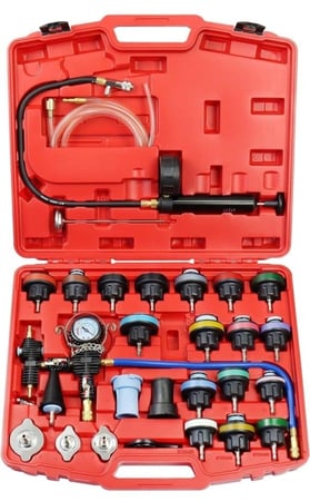 يستول مجموعة اعادة تعبئة وتنقية الهواء المضغوط لنظام تبريد السيارات العالمي واختبار تسرب خزان المياه واداة تعبئة سائل التبريد، مجموعة من 28 قطعة مع محولات قياس حافظة حمراء