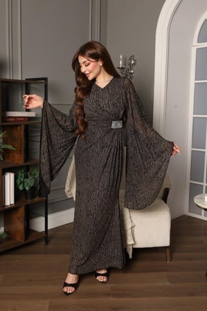 فستان تل ب لمعه وبرنت فخم مع اكمام واسعة