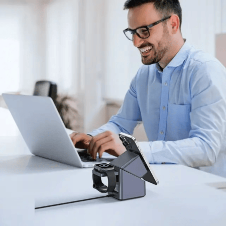 ستاند مكتبي + ساعة - وشحن لاسلكي للجوال والساعة والسماعة ماركة GREEN