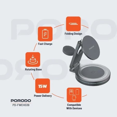 ستاند مكتبي صغير جدا وشحن للجوال والساعة والسماعة ماج سيف ماركة PORODO