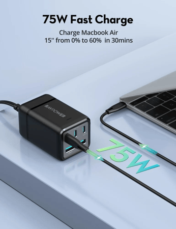 منصة شحن 3 تايب سي 2 يواس بي 75 واط RAVPOWER