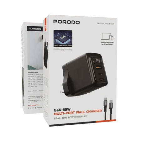 فيش جداري 65 واط 3 منافذ + كيبل تايب سي ماركة PORODO