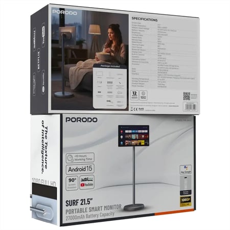 شاشة ذكية محمولة Porodo Surf بحجم 21.5" مع سعة بطارية 27000mAh - رمادي