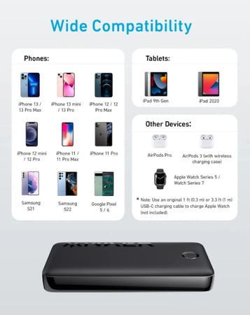 أنكر - بطارية انكر 335 باوركور بمنفذين USB-A و منفذ تايب سي بسعة 20000 ملي امبير - اسود