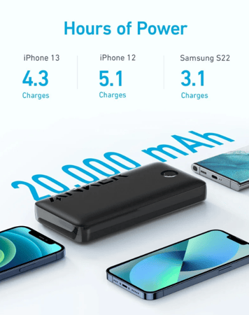 أنكر - بطارية انكر 335 باوركور بمنفذين USB-A و منفذ تايب سي بسعة 20000 ملي امبير - اسود