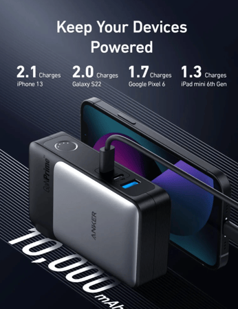 انكر - شاحن جداري جان برايم 2 في 1 بطارية 10000 امبير وشاحن بقوة 65 واط - اسود