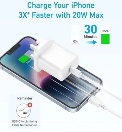 انكر - شاحن جداري بمنفذ تايب سي بقوة 20 واط مع كيبل تايب سي الي تايب سي بطول 1.5 متر - ابيض