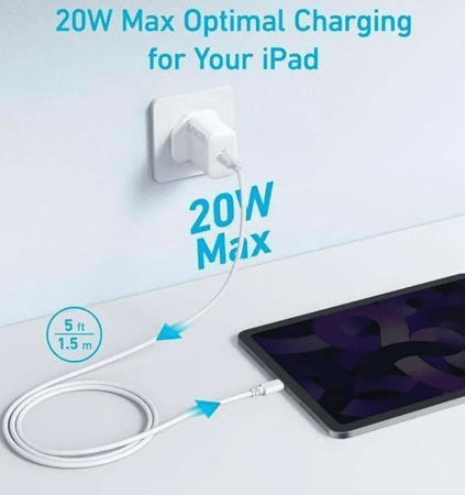 انكر - شاحن جداري بمنفذ تايب سي بقوة 20 واط مع كيبل تايب سي الي تايب سي بطول 1.5 متر - ابيض