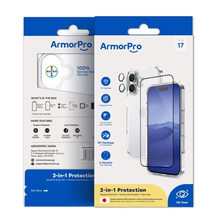 بكج ArmorPro ثلاثة في واحد (كفر حماية شفاف + حماية شاشة شفافة + حماية للعدسات ) للايفون 17