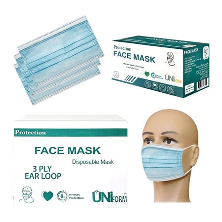 كمامات يوني فورم لون أزرق ثلاث طبقات ( 40 علبة )