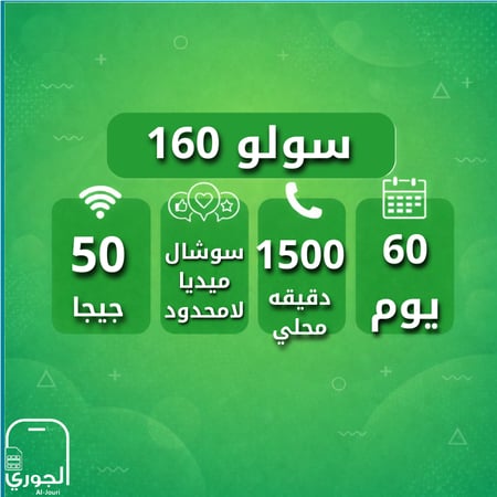 سولو 160 ( 50 جيجا + سوشال ميديا لامحدود + 1500 اتصال محلي لمدة 60 يوم )