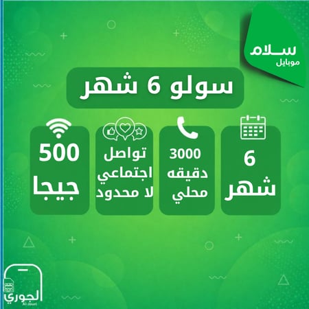 سولو 6 اشهر ( 500 جيجا + سوشيال ميديا لامحدود + 3000 اتصال محلي لمدة 6 اشهر )