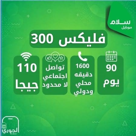 سلام سوبر فليكس 300 ( 110 جيجا + سوشال ميديا لامحدود + 1600 اتصال محلي او دولي لمدة 90 يوم )