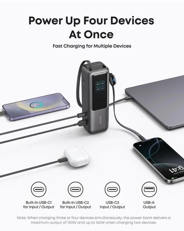 انكر | بطارية متنقلة بقوة 165 واط مع سلك مدمج تايب سي