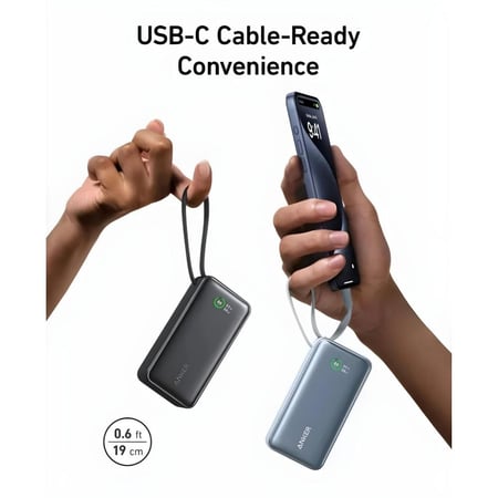 انكر | 533 باور كور بطارية متنقلة بسعة 10 الاف بقوة 30 واط مع كيبل تايب سي مدمج - اسود