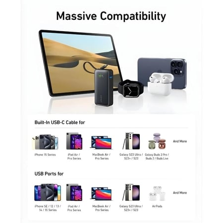 انكر | 533 باور كور بطارية متنقلة بسعة 10 الاف بقوة 30 واط مع كيبل تايب سي مدمج - اسود